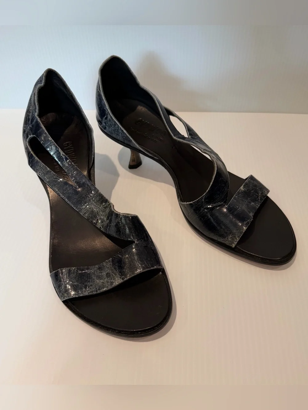 Cydwoq Vintage Black leather Spool Heel Sandals
